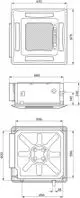 Deckenkassette von Vaillant mit quadratischem Design und mehreren Lüftungsöffnungen, abgebildet in verschiedenen Ansichten zur Veranschaulichung der Montage- und Anschlussmöglichkeiten.